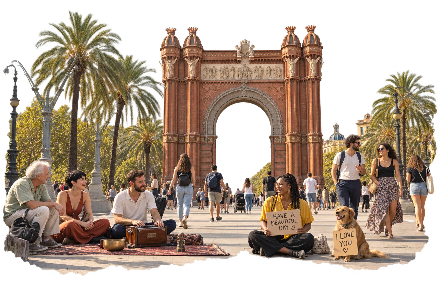 Imagined kindness gathering at Arc de Triomf, Barcelona, with a different local group and space for everyone to pass