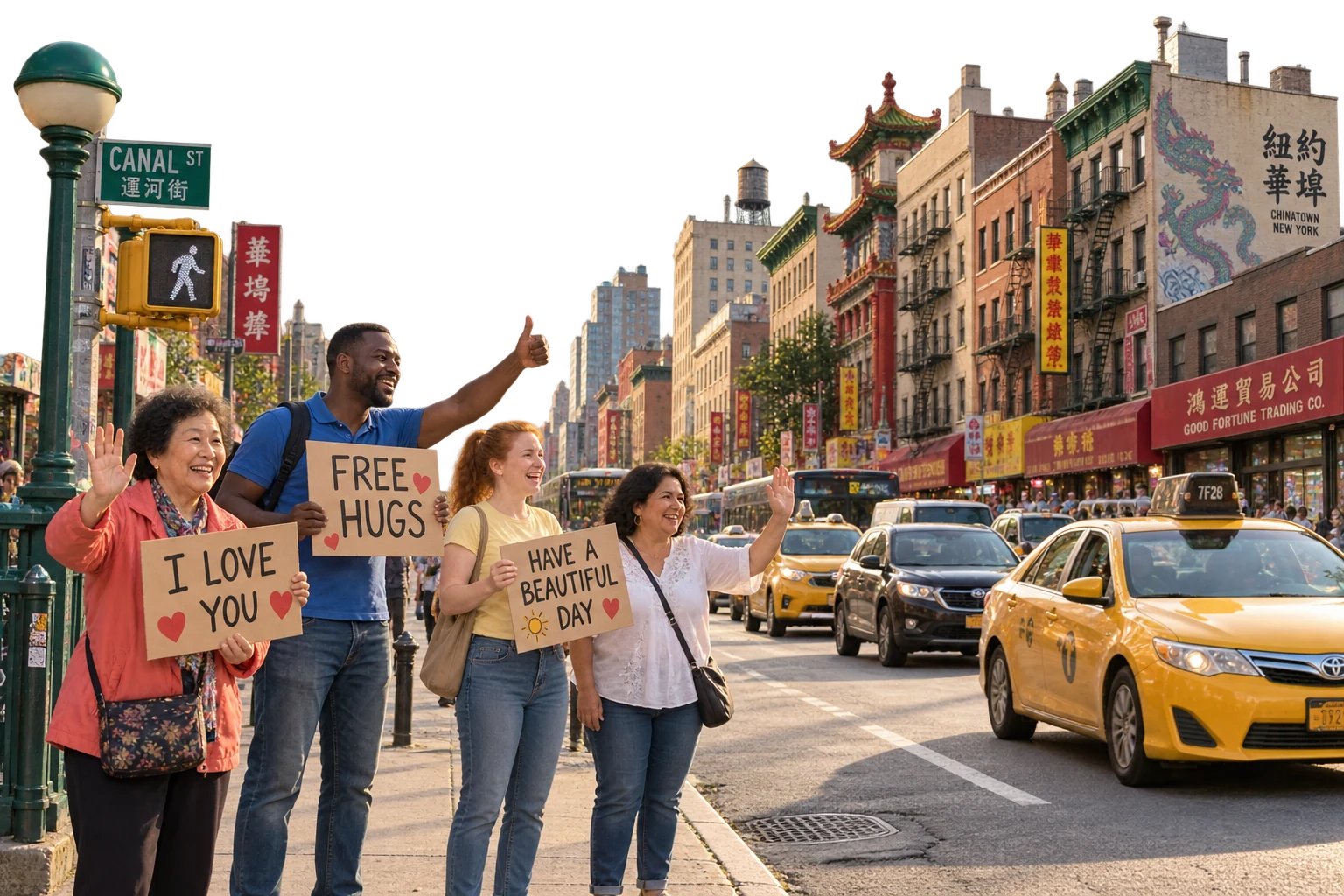 Imagined kindness gathering at Canal Street, New York, with a different local group and space for everyone to pass