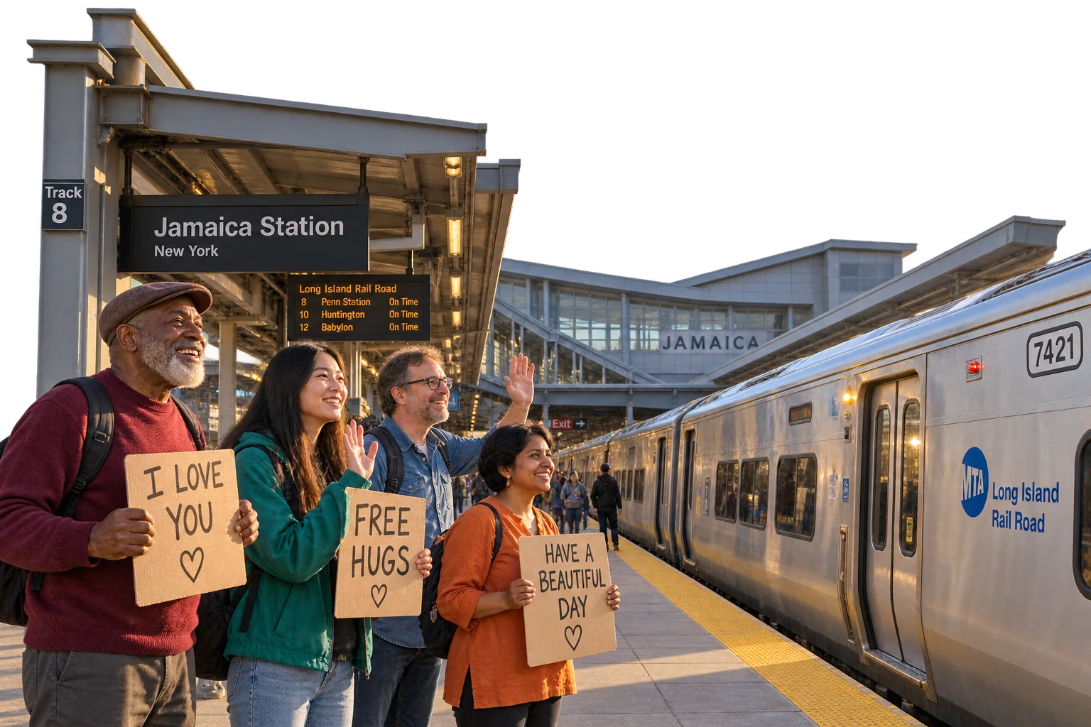 Imagined kindness gathering at Jamaica Station, New York, with a different local group and space for everyone to pass