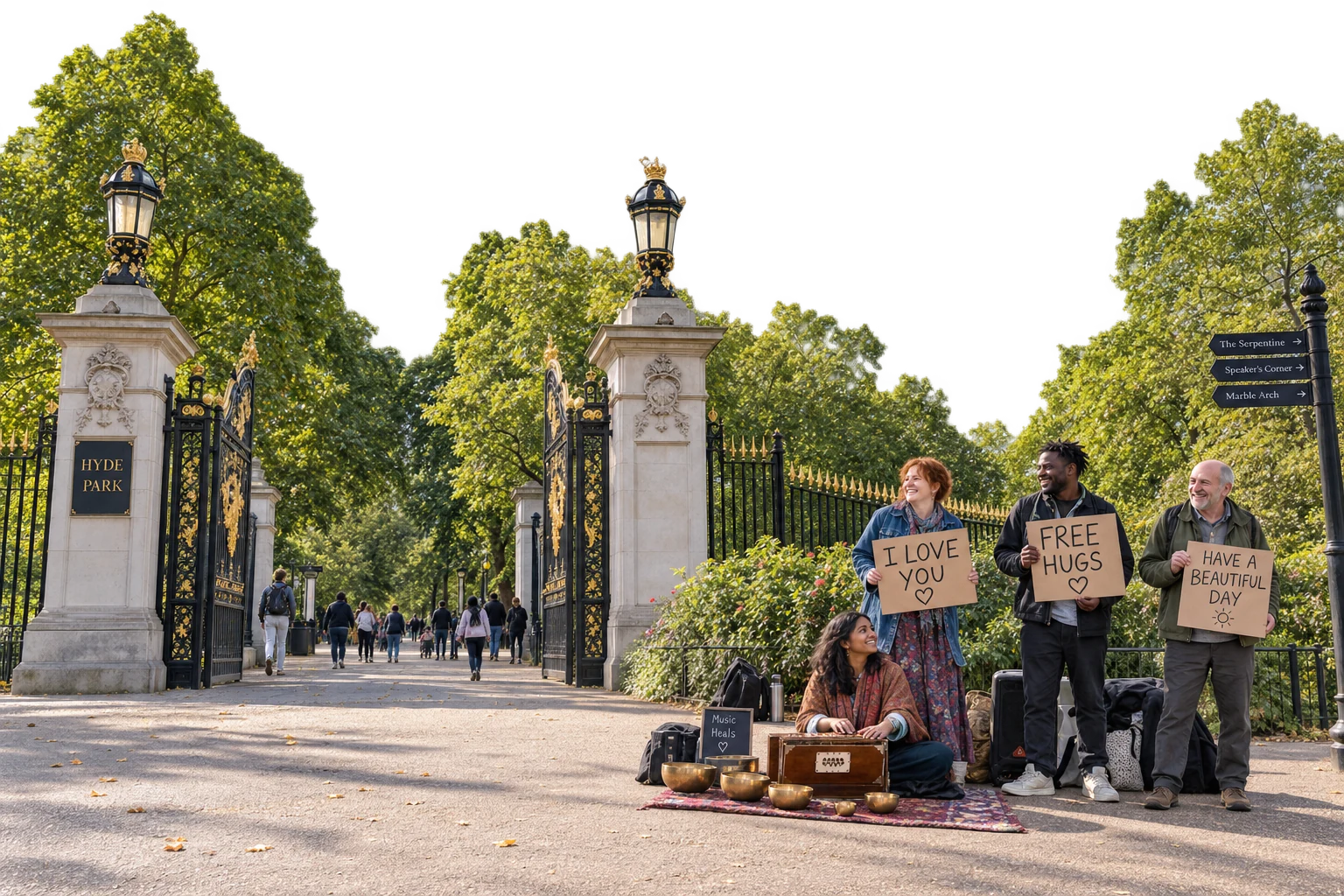 Imagined kindness gathering at Hyde Park, London, with a different local group and space for everyone to pass