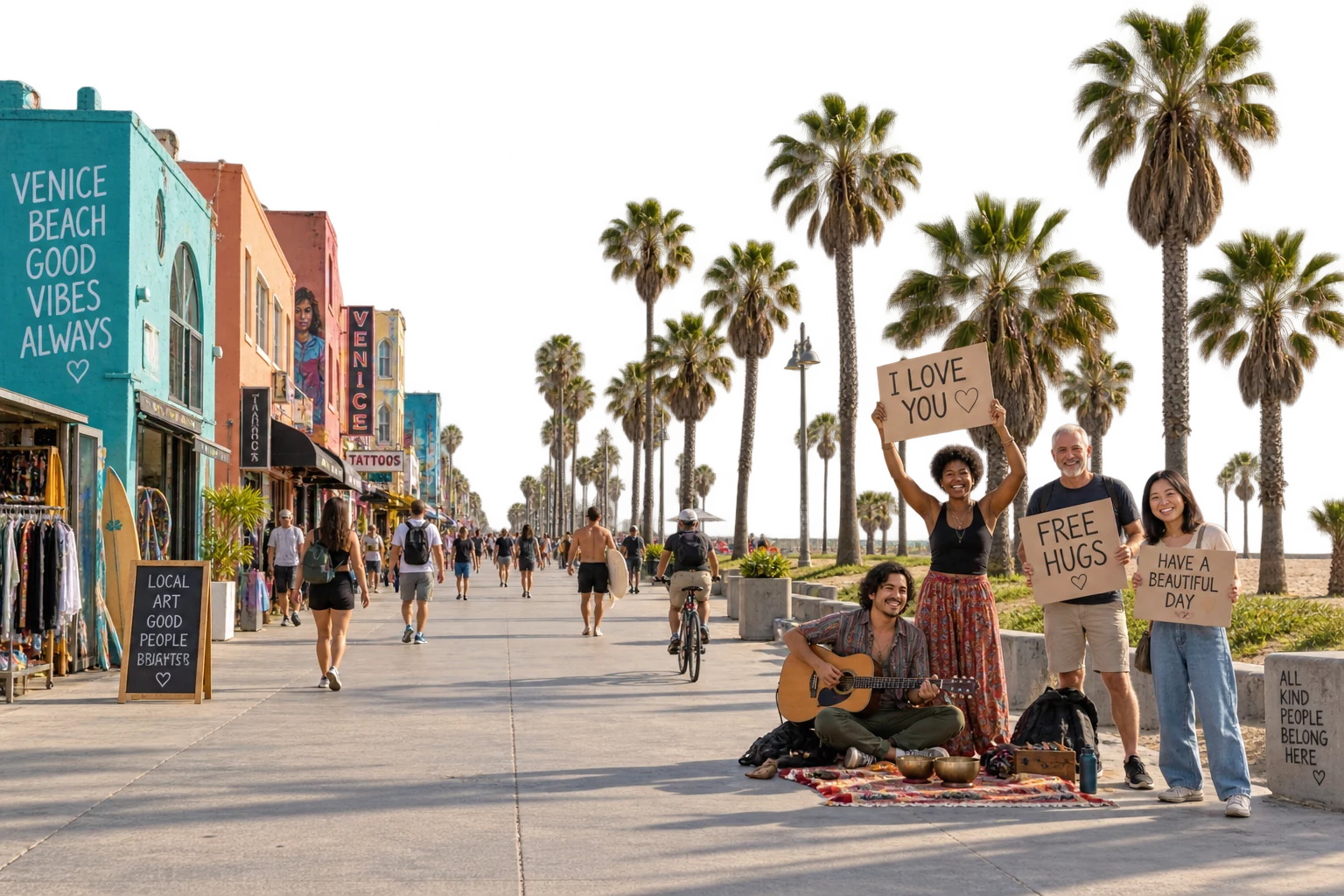 Imagined kindness gathering at Venice Boardwalk, Los Angeles, with a different local group and space for everyone to pass