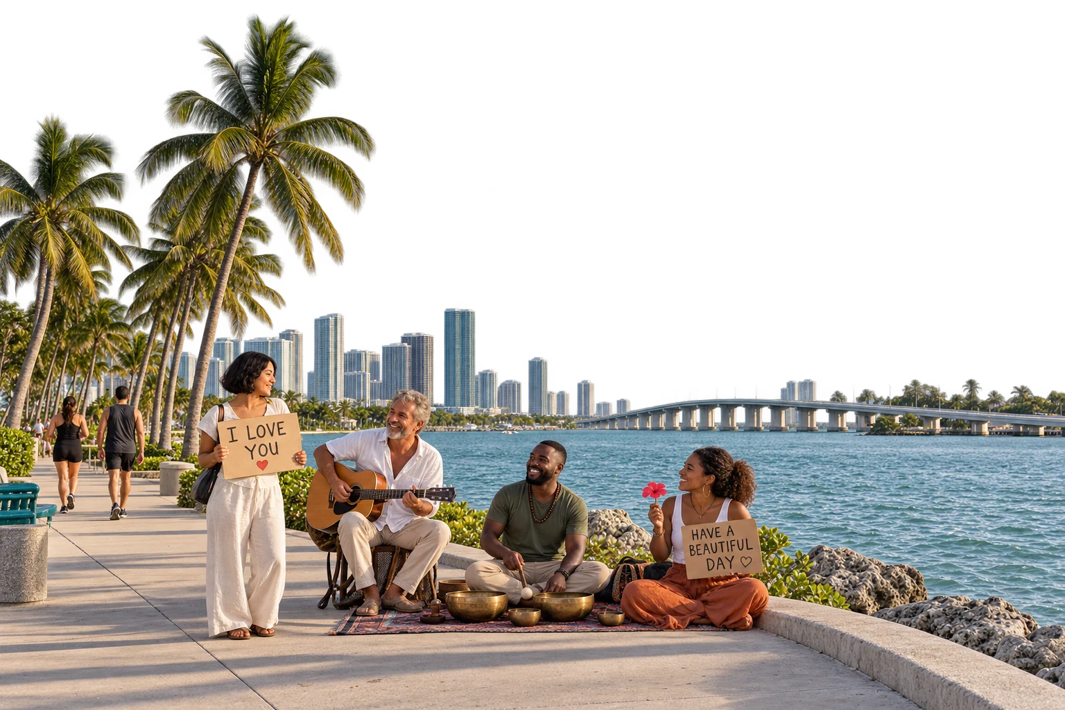 Imagined kindness gathering at Rickenbacker waterfront, Miami, with a different local group and space for everyone to pass