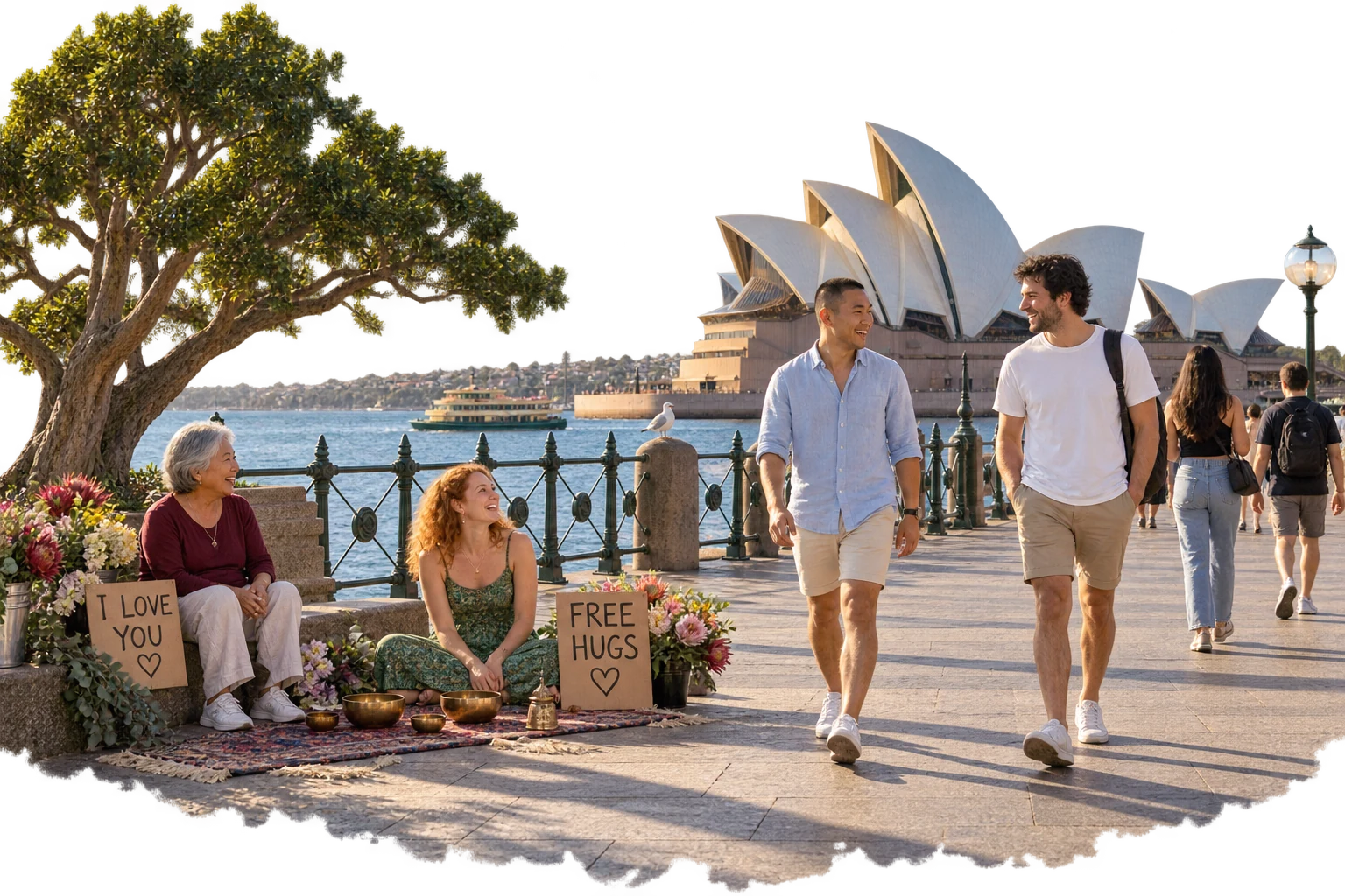Imagined kindness gathering at Circular Quay, Sydney, with a different local group and space for everyone to pass