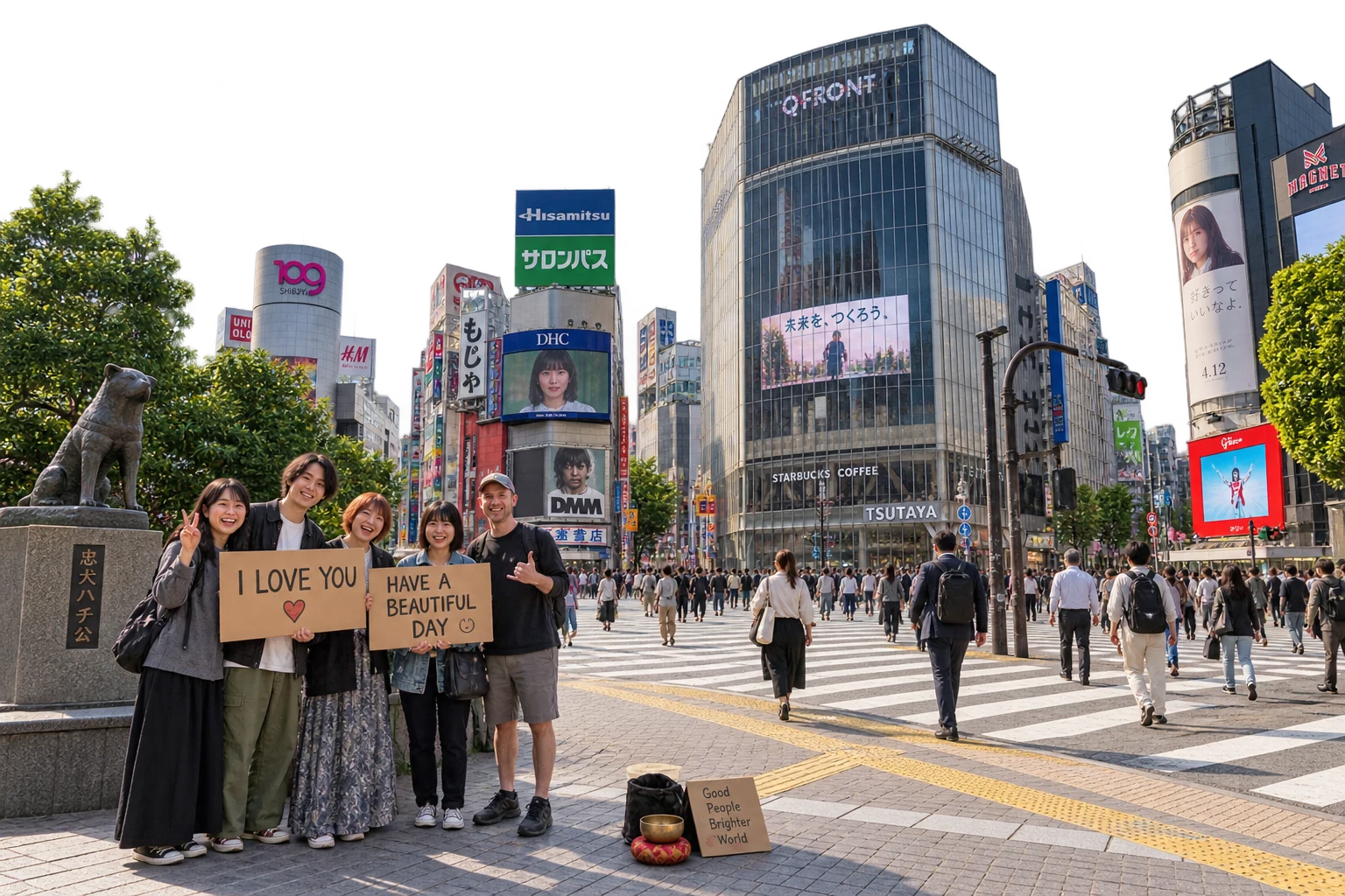 Imagined kindness gathering at Shibuya Crossing, Tokyo, with a different local group and space for everyone to pass