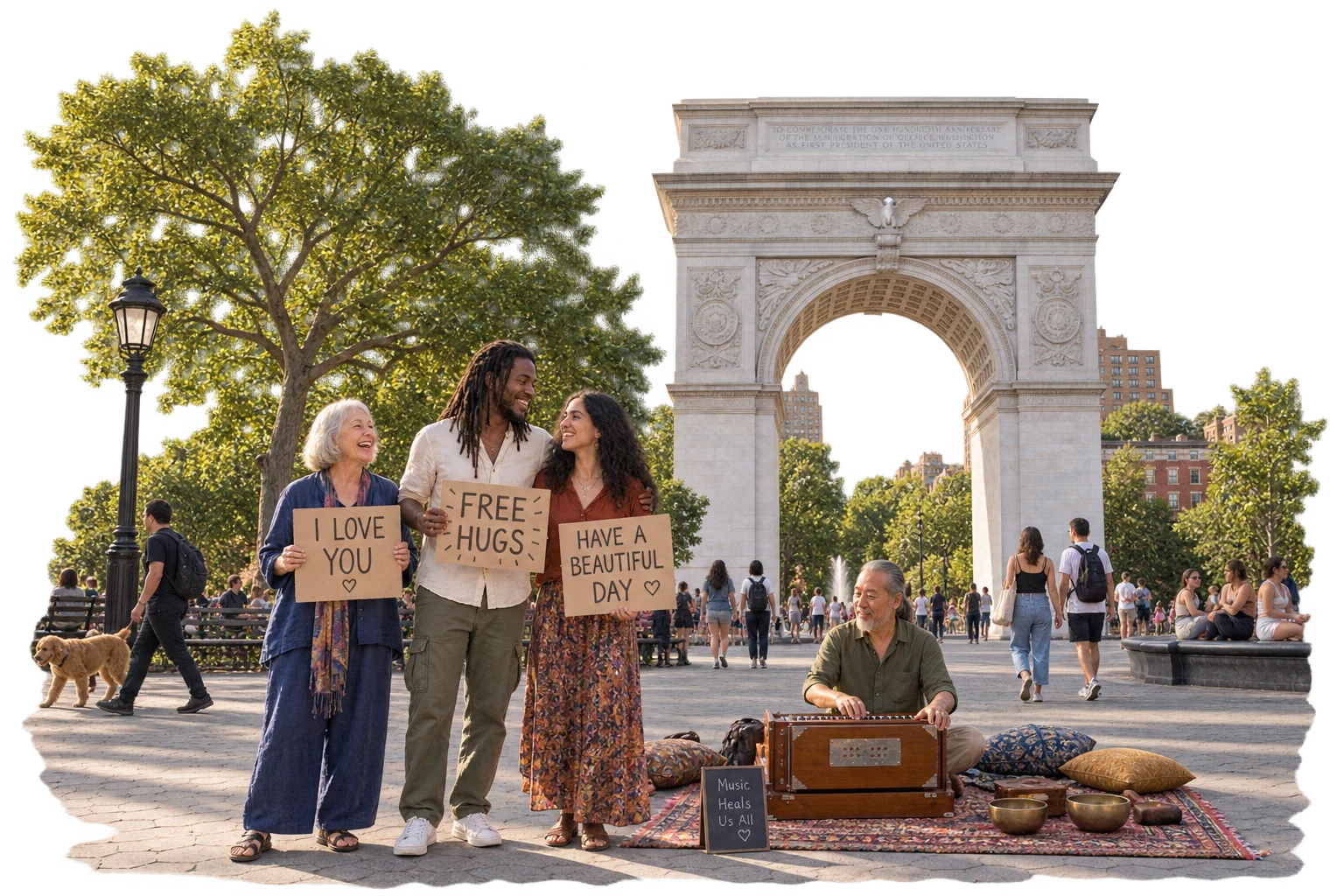 Imagined kindness gathering at Washington Square Park, New York, with a different local group and space for everyone to pass